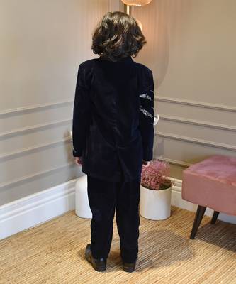 Dark Blue Embroidered Velvet Coat Set 2