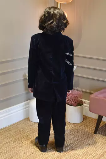Dark Blue Embroidered Velvet Coat Set