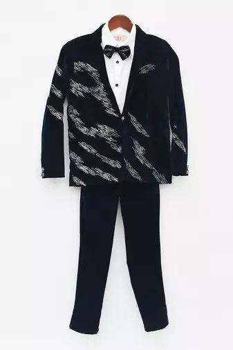 Dark Blue Embroidered Velvet Coat Set