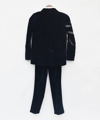 Dark Blue Embroidered Velvet Coat Set 4