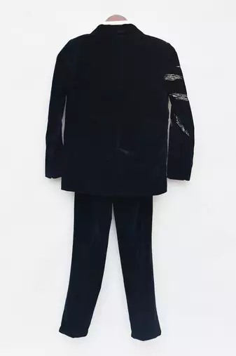 Dark Blue Embroidered Velvet Coat Set