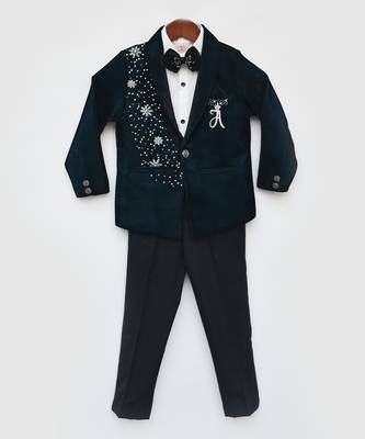 Teal Blue Embroidered Velvet Coat Set 1
