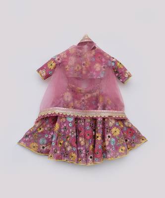 Pink Embroidery Flaired Pant With Organza Cape 3