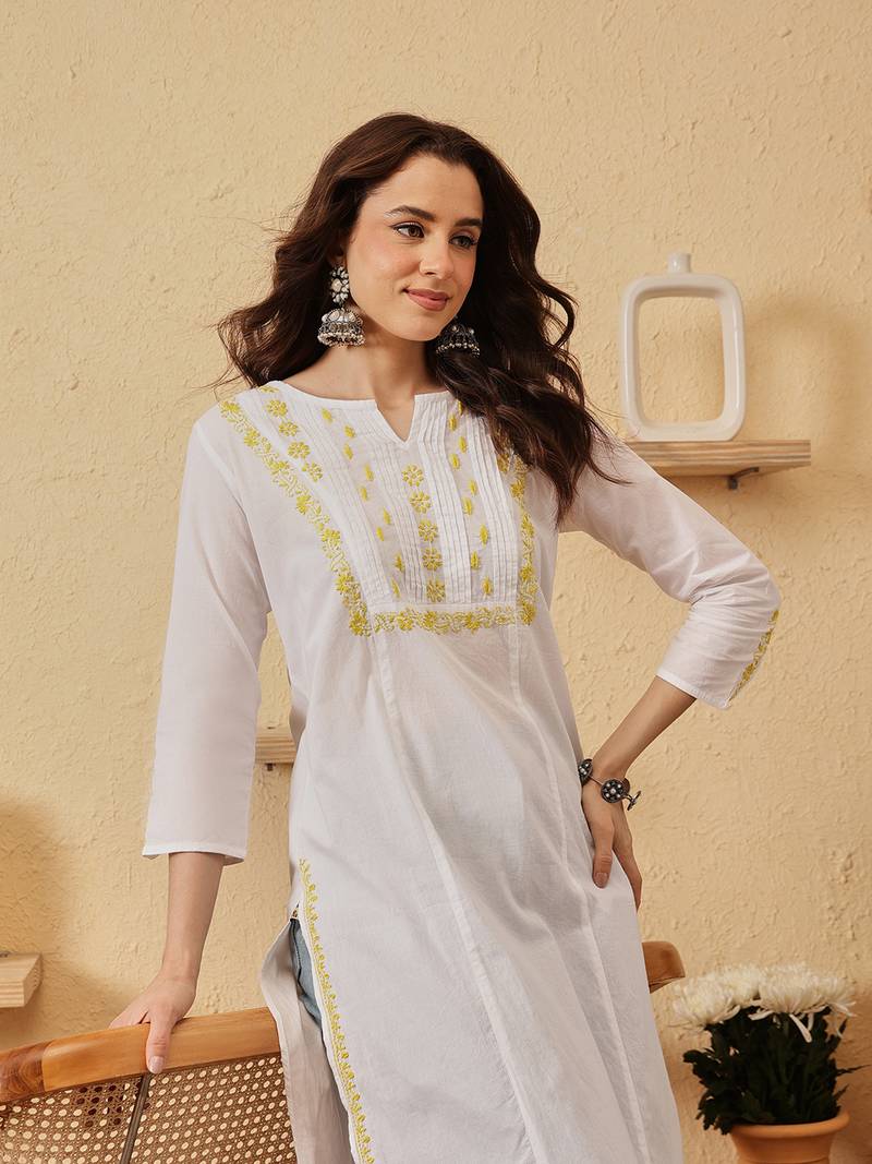 Handmade White & Lime Green Cotton Lucknowi Chikankari Indian Women Straight Kurta