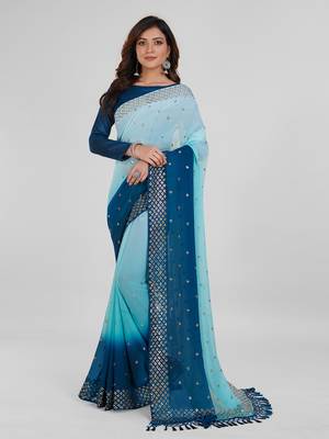 Teal Blue and Sky Blue Coloured Sequined Embroidered Georgette Saree with Blouse Piece 1