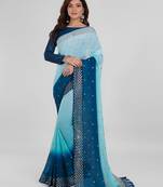Teal Blue and Sky Blue Coloured Sequined Embroidered Georgette Saree with Blouse Piece