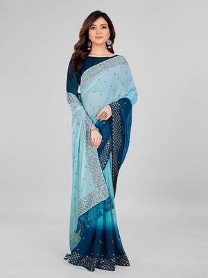 Teal Blue and Sky Blue Coloured Sequined Embroidered Georgette Saree with Blouse Piece 2