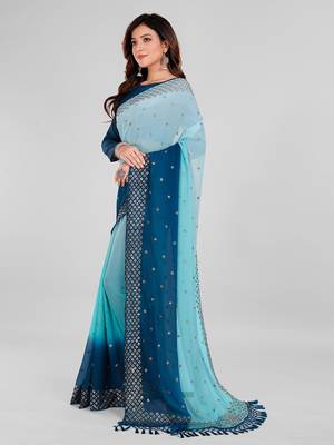 Teal Blue and Sky Blue Coloured Sequined Embroidered Georgette Saree with Blouse Piece 3