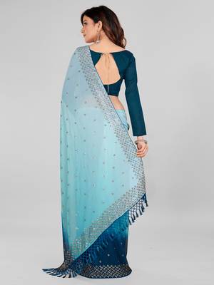 Teal Blue and Sky Blue Coloured Sequined Embroidered Georgette Saree with Blouse Piece 4