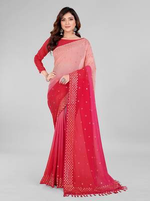 Pink and Rose Pink Coloured Sequined Embroidered Georgette Saree with Blouse Piece 1