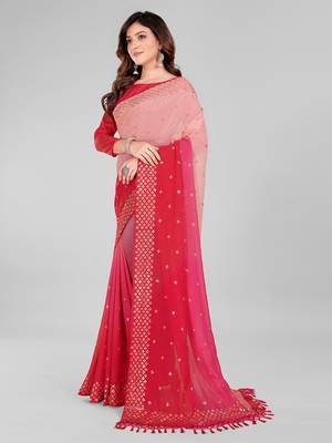 Pink and Rose Pink Coloured Sequined Embroidered Georgette Saree with Blouse Piece 3