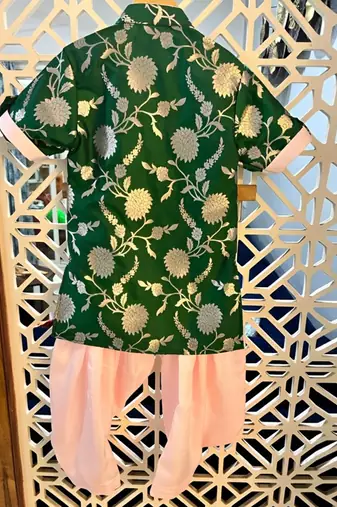 Upturned Sleeves Green Floral Brocade Asymmetric Kurta With Patiala
