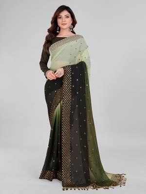 Olive Geen and Green Coloured Sequined Embroidered Georgette Saree with Blouse Piece 2