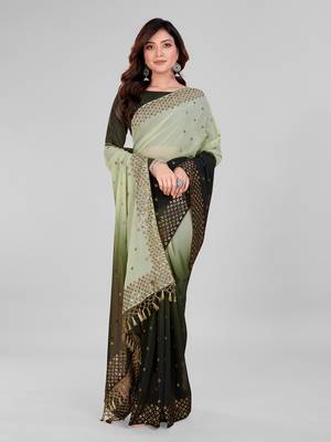 Olive Geen and Green Coloured Sequined Embroidered Georgette Saree with Blouse Piece 3