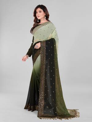 Olive Geen and Green Coloured Sequined Embroidered Georgette Saree with Blouse Piece 4