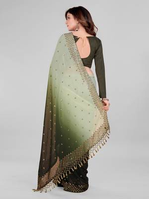 Olive Geen and Green Coloured Sequined Embroidered Georgette Saree with Blouse Piece 5