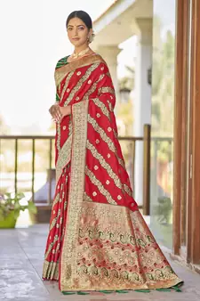 Red woven banarasi saree with blouse