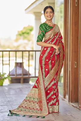 Red woven banarasi saree with blouse 3