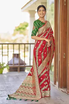 Red woven banarasi saree with blouse