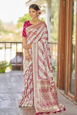 Off white woven banarasi saree with blouse 1