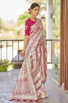 Off white woven banarasi saree with blouse