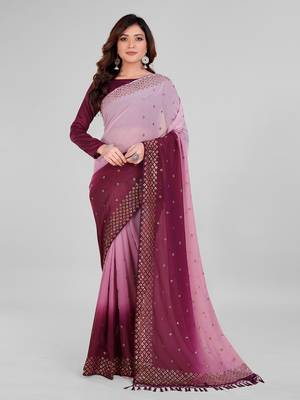 Purple and Pink Coloured Sequined Embroidered Georgette Saree with Blouse Piece 1