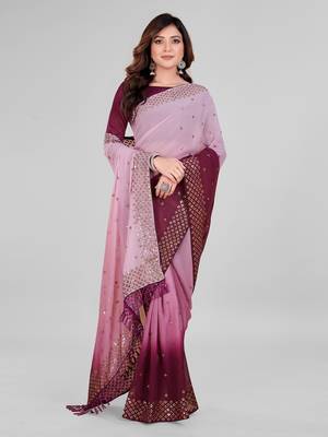 Purple and Pink Coloured Sequined Embroidered Georgette Saree with Blouse Piece 2