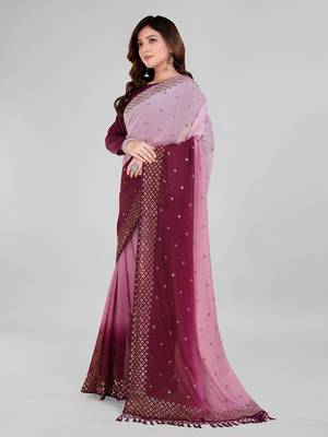 Purple and Pink Coloured Sequined Embroidered Georgette Saree with Blouse Piece 3