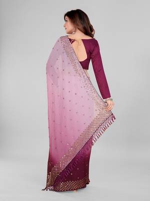 Purple and Pink Coloured Sequined Embroidered Georgette Saree with Blouse Piece 4