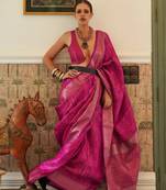 Kalki Koechlin Latest Pink Two Torn Organza Silk Saree With Blouse