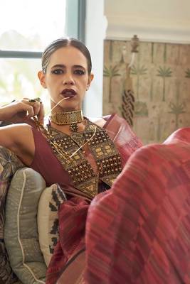 Kalki Koechlin Latest Red Two Torn Organza Silk Saree With Blouse 2