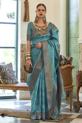 Kalki Koechlin Latest Sky Bluetwo Torn Organza Silk Saree With Blouse 1