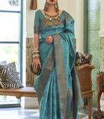 Kalki Koechlin Latest Sky Bluetwo Torn Organza Silk Saree With Blouse
