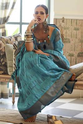 Kalki Koechlin Latest Sky Bluetwo Torn Organza Silk Saree With Blouse 2