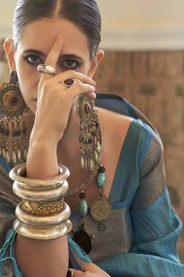 Kalki Koechlin Latest Sky Bluetwo Torn Organza Silk Saree With Blouse 3