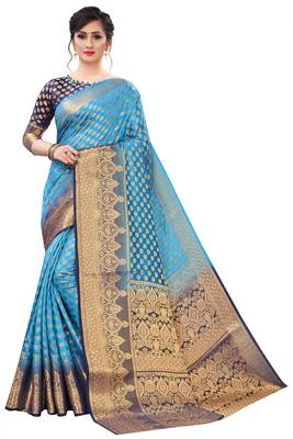 Sky blue woven banarasi silk saree with blouse 1