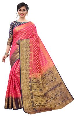 Pink woven banarasi silk saree with blouse 3