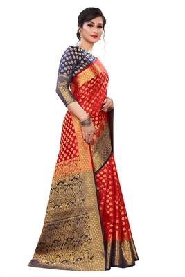 Red woven banarasi silk saree with blouse 1