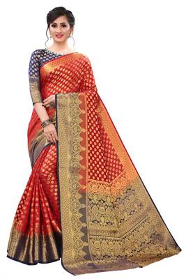 Red woven banarasi silk saree with blouse 2