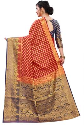 Red woven banarasi silk saree with blouse 4