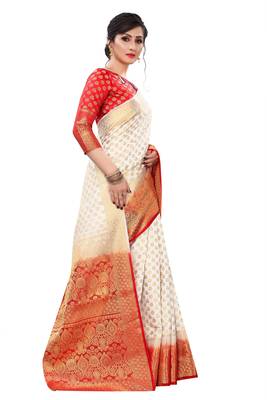 White woven banarasi silk saree with blouse 1