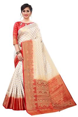 White woven banarasi silk saree with blouse 2