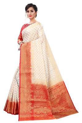 White woven banarasi silk saree with blouse 3