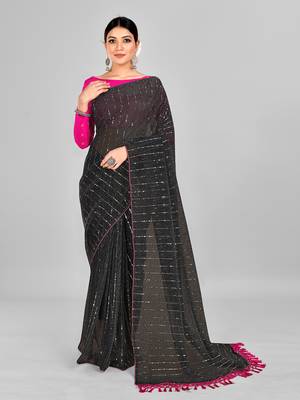 Navy Blue Coloured Embellished Silk Blend Saree with Blouse Piece 1
