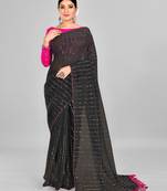 Navy Blue Coloured Embellished Silk Blend Saree with Blouse Piece