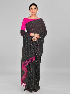 Navy Blue Coloured Embellished Silk Blend Saree with Blouse Piece 2