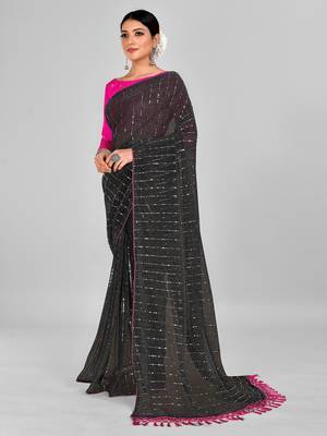 Navy Blue Coloured Embellished Silk Blend Saree with Blouse Piece 3