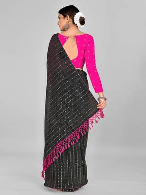 Navy Blue Coloured Embellished Silk Blend Saree with Blouse Piece 4