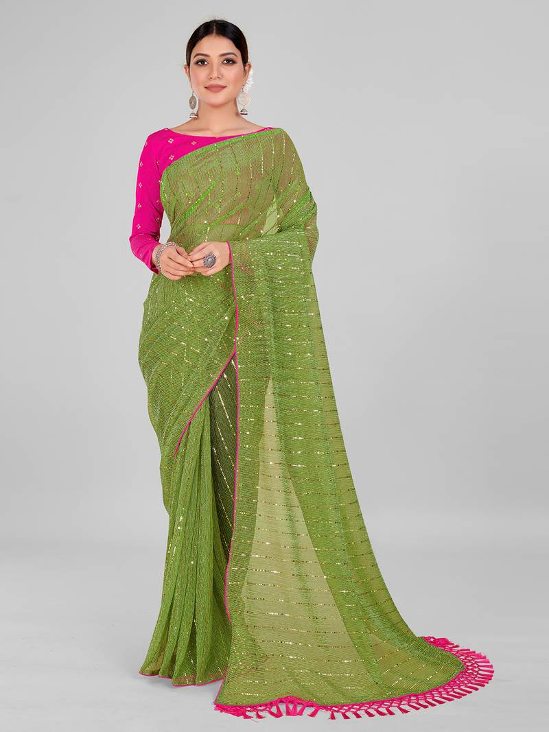 Fluorescent Green Coloured Embellished Silk Blend Saree with Blouse Piece