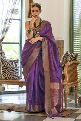 Kalki Koechlin Latest Purple Two Torn Organza Silk Saree With Blouse 1